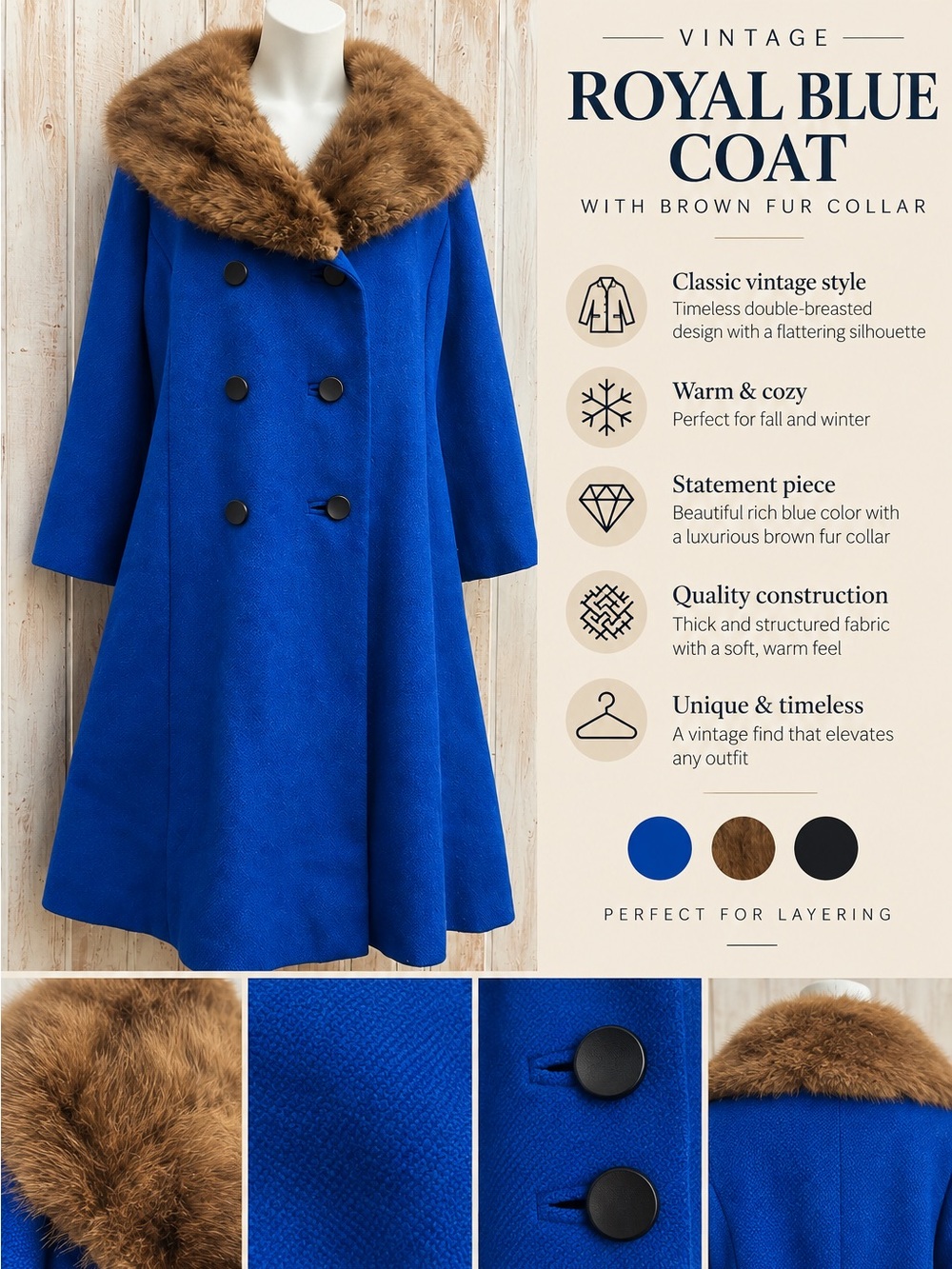 Vintage Handmade Cobalt Blue Wool Coat Genuine Fur Collar